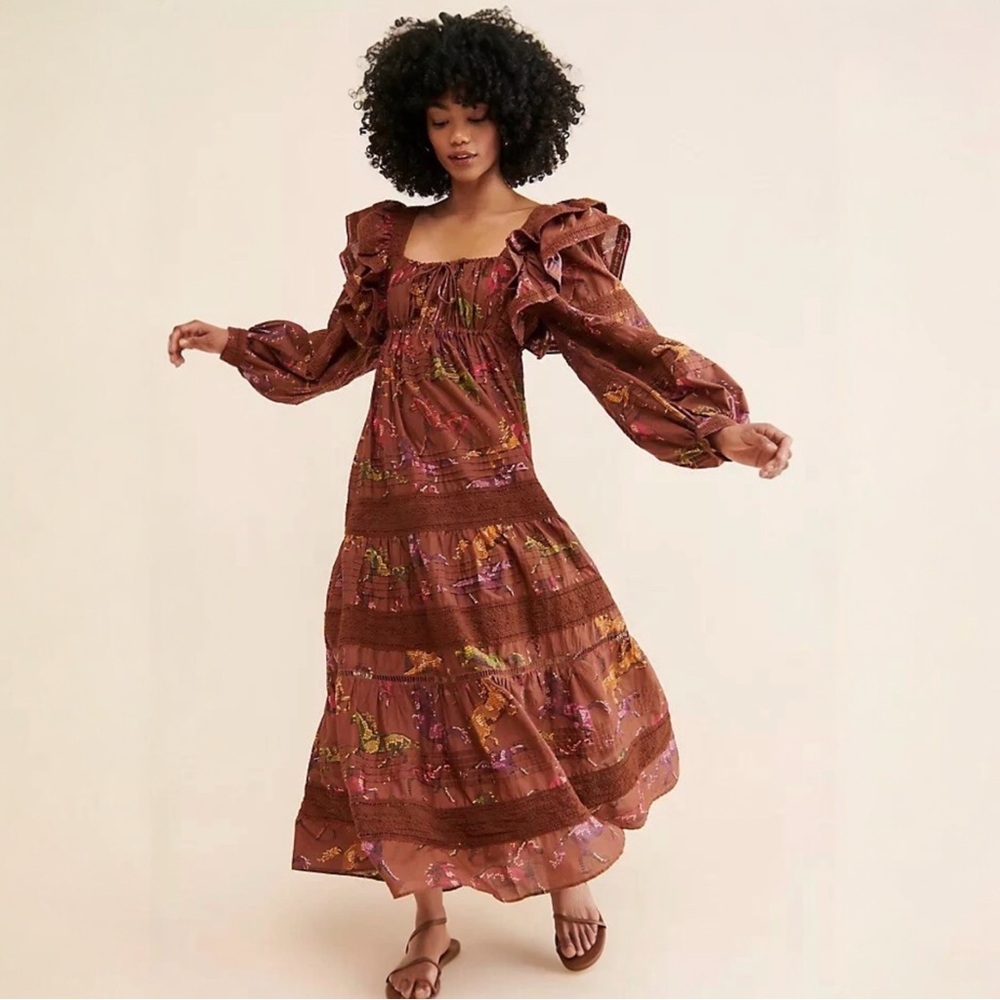 Farm Rio Dotted Horse Maxi Dress Size Small Brown